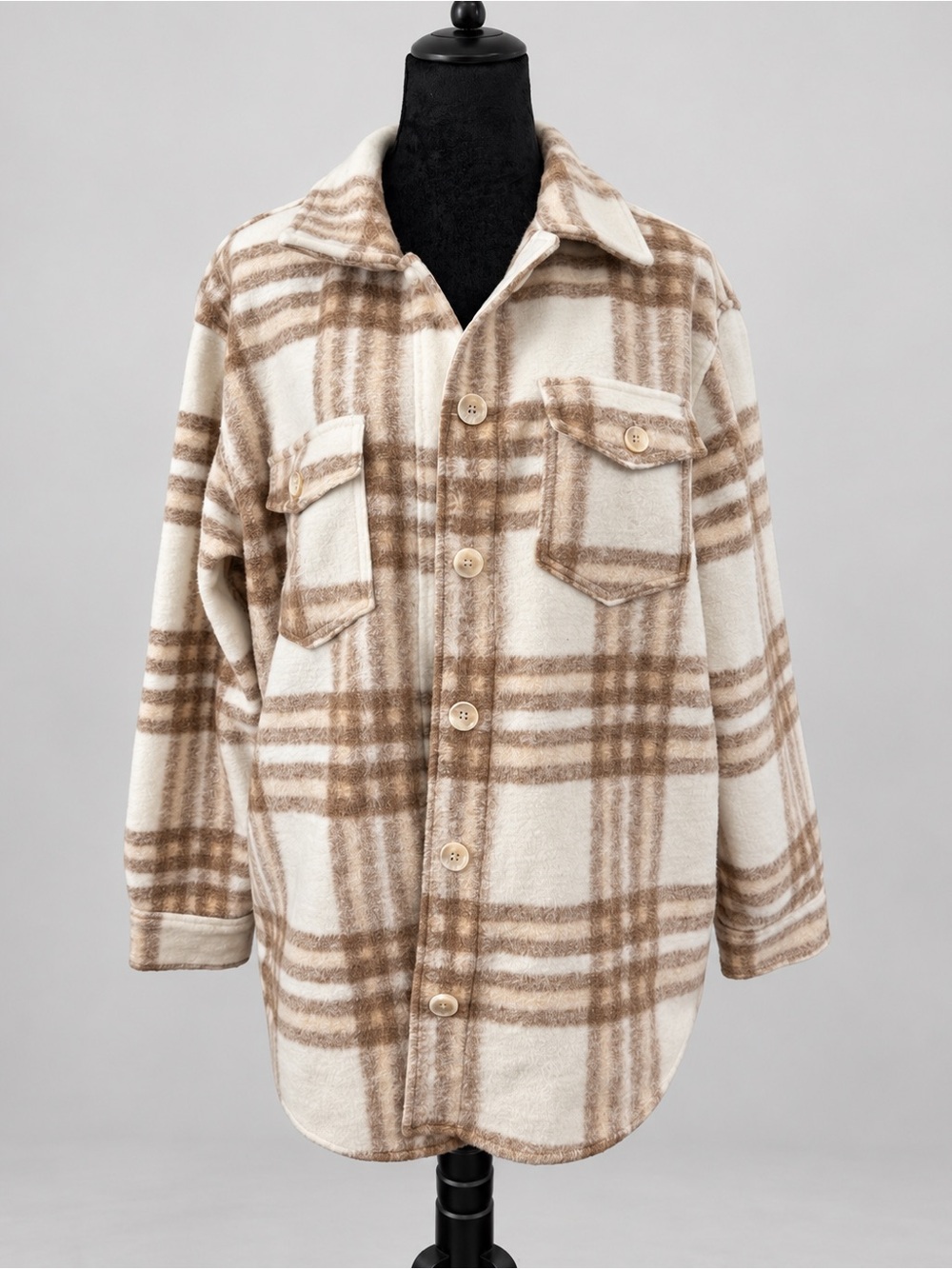 Joie Plaid Oversized Shacket Jacket Women’s Large Cream Tan Brown Cozy Flannel
